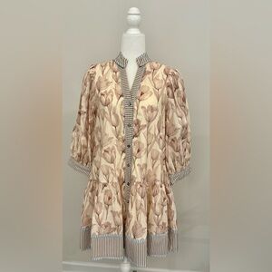 Floral Beige Dress with Striped Accents